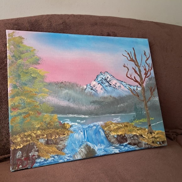 Bob Ross Inspired Fall Season Waterfall Pink Sunrise Oil Canvas Hand Painted - Picture 3 of 5